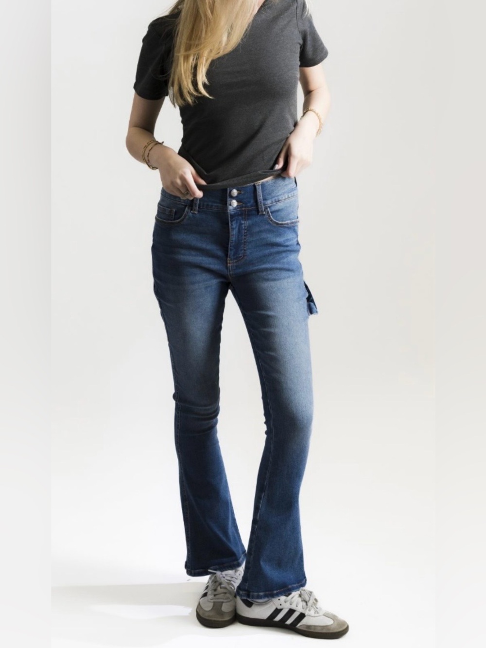 Love Trend Medium Blue Bootcut Carpenter Jeans with Frayed Hem